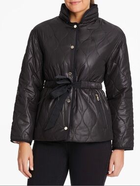 KATE SPADE Onion Quilt Jacket Black Cinched Waist Hood Women’s Size XS Classic